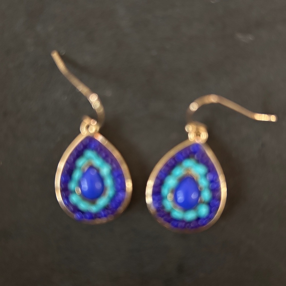 Gold Teardrop Earrings with Blue and Turquoise Inlay